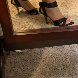 Ladies Black Strapped Sandal with Metallic Heel